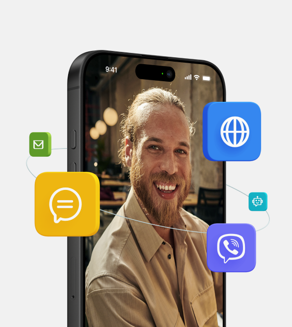 Portrét muža zobrazený na mobilnom telefóne obklopený ikonami komunikácie, predstavujúci službu Business Messaging na efektívne využitie komunikačných kanálov.